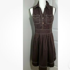 Carole little pleated brown collared contrast stitch dress linen.